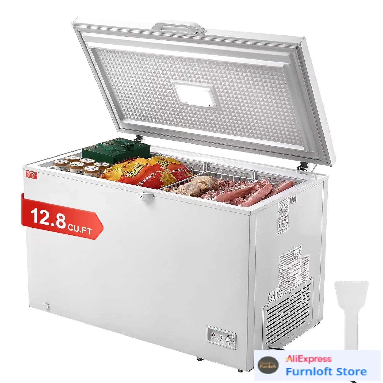 Commercial Chest Freezer - チェストフリーザー、12.8立方フィート/345リットル大型冷凍庫＆4つの取り外し可能なバスケット、自立型トップオープンドア業務用チェスト